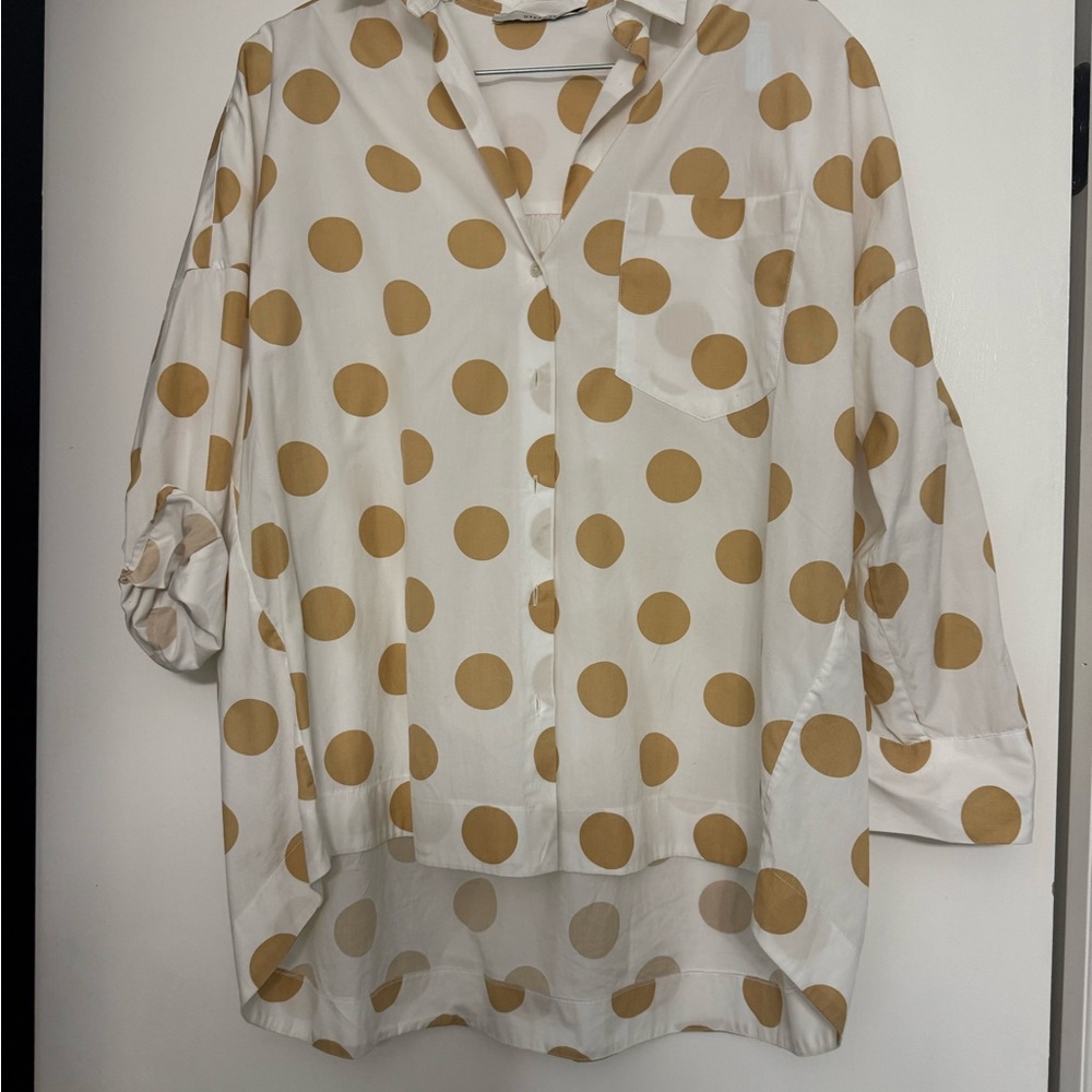 Polka Dot Button-Up Blouse - White and Tan